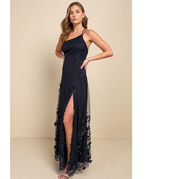 Lulus Regal Poise Navy Blue 3D Floral Applique One-Shoulder Maxi Dress XS NWT - Picture 10 of 16